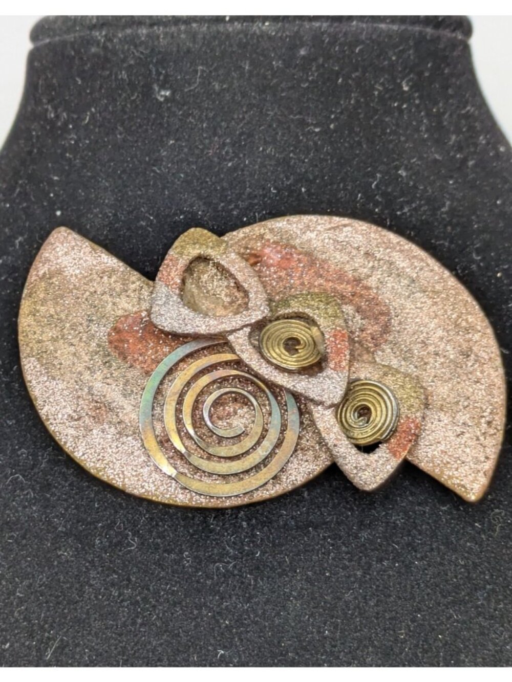 Vintage Artisan Brass Geometric Brooch Pin Shapes and Swirls Sparkles 2.75"
